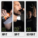 A man demonstrates three steps for using an energy product: tearing open the package, sipping from it, and lifting a dumbbell in a workout setting, wearing a black shirt with "Frog Fuel" printed on it.