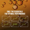 Bubbles float against an orange background, with bold text stating "ONLY THE ESSENTIALS FOR OPTIMAL PERFORMANCE," listing dietary claims: no fat, sugar, gluten, lactose, banned substances, or GMOs.