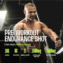 A muscular man is exercising with a cable machine in a gym, promoting a pre-workout endurance shot with nutritional details displayed prominently.