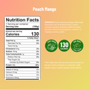 Nutrition facts label for a peach mango product, displaying serving size, calories, and ingredients, with highlights for zero sugar and high protein content.
