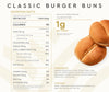 Nutritional information for classic burger buns, including serving size, calories, and ingredients, displayed alongside two golden-brown burger buns on a light background.