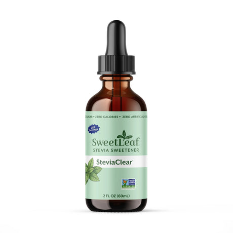 A brown glass dropper bottle labeled "SweetLeaf Stevia Sweetener SteviaClear" with a light green background, indicating zero sugar, calories, and artificial colors, contains 2 fl oz (60 mL) of liquid.