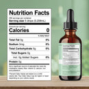 A brown glass dropper bottle with a black lid is displayed against a soft green background, featuring a nutrition facts label that highlights zero calories and other nutritional information.