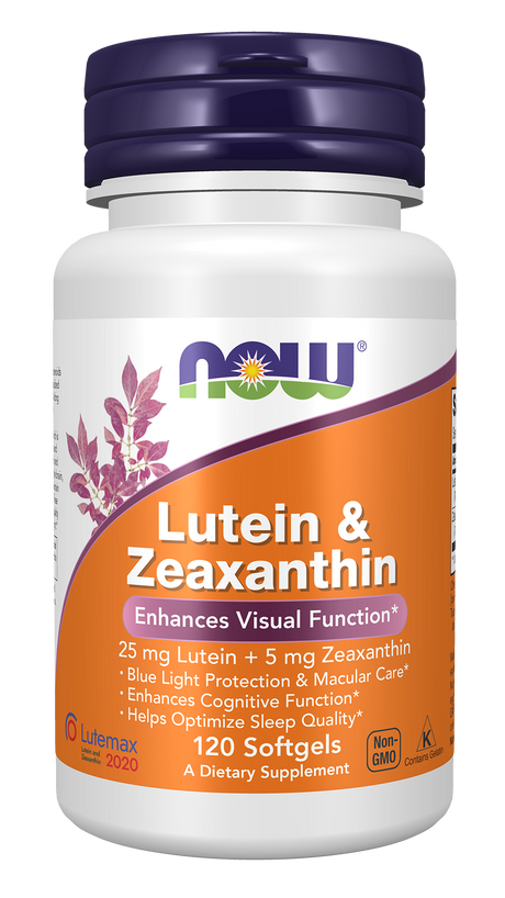 A white bottle of dietary supplement labeled "Lutein & Zeaxanthin," featuring purple and orange accents, highlights benefits for visual function, cognitive enhancement, and sleep quality, containing 120 softgels.