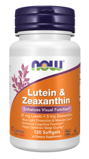A white bottle of dietary supplement labeled "Lutein & Zeaxanthin," featuring purple and orange accents, highlights benefits for visual function, cognitive enhancement, and sleep quality, containing 120 softgels.