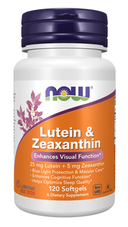 A white bottle of dietary supplement labeled "Lutein & Zeaxanthin," featuring purple and orange accents, highlights benefits for visual function, cognitive enhancement, and sleep quality, containing 120 softgels.
