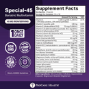 A detailed supplement facts label for ProCare Health's Special-45 Bariatric Multivitamin, listing vitamins and minerals per serving, with emphasis on 45 mg of iron and certifications for quality and transparency.