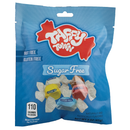 A blue bag of Taffy Town sugar-free taffy displays colorful wrapped candies, labeled "sugar free," with notes indicating it's nut-free and gluten-free, containing 110 calories per serving.