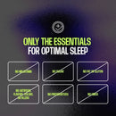 A graphic emphasizes "Only the Essentials for Optimal Sleep," listing exclusions like melatonin, sugar, fat, gluten, artificial additives, preservatives, and GMOs against a dark, textured background.