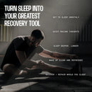 A man stretches on a gym floor, surrounded by soft lighting, while text emphasizes the importance of sleep for recovery and mental clarity.