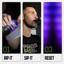 A man in a black shirt holds a drink packet labeled "Frog Fuel," prepares to sip from it, and the image includes steps labeled "Rip It," "Sip It," and "Reset" in a modern design.
