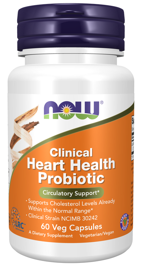 A white bottle of "NOW Clinical Heart Health Probiotic" with a purple lid, featuring an orange label that highlights its circulatory support benefits and contains 60 vegetarian capsules.