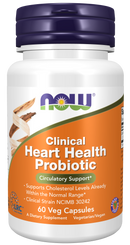 A white bottle of "NOW Clinical Heart Health Probiotic" with a purple lid, featuring an orange label that highlights its circulatory support benefits and contains 60 vegetarian capsules.