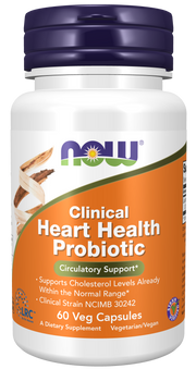 A white bottle of "NOW Clinical Heart Health Probiotic" with a purple lid, featuring an orange label that highlights its circulatory support benefits and contains 60 vegetarian capsules.