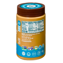 A jar of almond butter features a brown lid, a blue label with nutrition facts, and various certification logos, indicating it's made from blanched roasted almonds and is gluten-free and non-GMO.