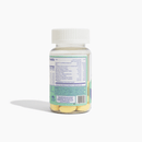 A clear bottle of yellow dietary supplements displays a detailed nutrition facts label on the back, highlighting various vitamins and minerals, set against a plain white background.