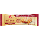 A packaged Atkins Filled soft baked protein bar in strawberry flavor, featuring a soft exterior with a visible filling and icing, highlighting nutritional information and claims about sugar content.