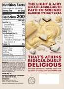 A nutrition facts label for Atkins bars highlights key information, including calories, protein content, and ingredients, alongside an illustration of a creamy dessert with coconut pieces.