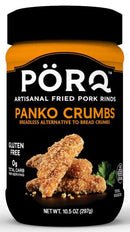 A black jar labeled "PÖRQ Artisanal Fried Pork Rinds Panko Crumbs" showcases a gluten-free, breadless alternative to traditional breadcrumbs, with a serving suggestion of crispy, golden-brown crumbs.