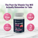Bottle of Multivitamin ONE per day 45mg iron, chewable mixed berry flavor. 