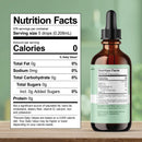 A brown glass dropper bottle with a nutrition facts label is displayed against a soft green background, showing zero calories and no fat, sodium, carbohydrates, sugars, or protein.