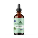 A brown glass bottle of SweetLeaf SteviaClear sweetener, featuring a dropper lid, with a light green label indicating zero calories and non-GMO certification, set against a plain white background.