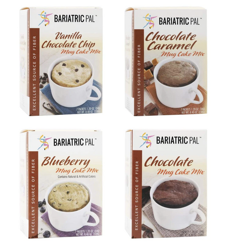 Four boxes of Bariatric Pal mug cake mix are displayed, featuring flavors: Vanilla Chocolate Chip, Chocolate Caramel, Blueberry, and Chocolate, each with a mug of cake shown on the packaging.