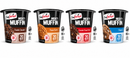 Four varieties of FlapJacked Mighty Muffin are displayed, including Double Chocolate, Peanut Butter, Chocolate Peanut Butter, and S'mores, each highlighting 20 grams of protein and a quick preparation time.