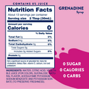 A nutrition facts label for grenadine syrup displays zero calories, sugars, and carbs, listing ingredients like water and citric acid against a pink background with colorful accents.