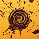 A round, swirled chocolate pastry is splattered with melted chocolate against a vibrant orange background, creating a dynamic and appetizing visual effect.