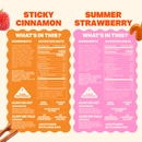 Two product labels side by side for "Sticky Cinnamon" and "Summer Strawberry" pastries, highlighting ingredients, nutrition facts, and preparation instructions in a colorful design.