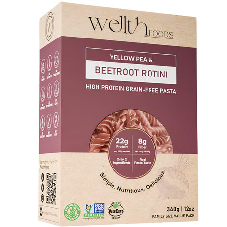 Pâtes de pois jaunes hyperprotéinées Wellth Foods - Rotini de betterave, 340 g / Un pack