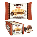 Chocolate hazelnut wafer snack packaging with a single wafer showing its creamy filling, featuring nutritional information highlighting low sugar and fiber content.