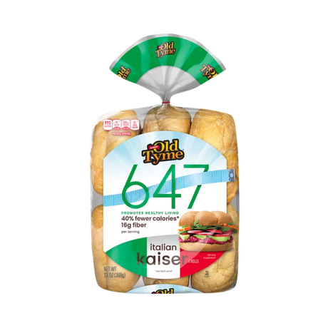 A clear plastic bag contains six Italian kaiser rolls labeled "Old Tyme 647," highlighting 40% fewer calories and 16g of fiber per serving, promoting healthy living.