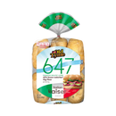 A clear plastic bag contains six Italian kaiser rolls labeled "Old Tyme 647," highlighting 40% fewer calories and 16g of fiber per serving, promoting healthy living.