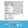 A nutrition facts label detailing serving size, calories, and ingredients for an organic protein product, highlighting its nutritional values and certifications at the bottom.