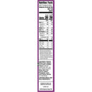 Nutrition facts label detailing serving size, calories, fat, protein, carbohydrates, and ingredients for a dry mix product, set against a purple background.