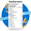 A nutrition facts label displays detailed information about a food product, including serving size, calories, and nutrient content, alongside wheat illustrations and a measuring tape on a blue background.