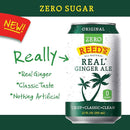 A can of Reed's Zero Sugar Real Ginger Ale is displayed, featuring a green and white design with text highlighting its all-natural ingredients, zero calories, and classic taste.
