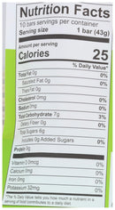 A nutrition facts label displays detailed information about a snack bar, including serving size, calories, and nutrient content such as total fat, carbohydrates, and sugars.