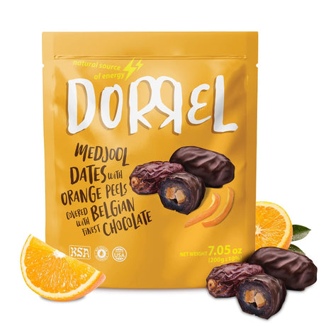 Dorrel Sweets En-cas enrobés de chocolat - Datte Medjool au chocolat belge et zeste d'orange, 200 g