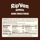A nutrition label for Rip Van's Dark Choco Fudge cookies, detailing ingredients, serving size, and nutritional information, set against a brown background with white text.