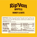 A bright yellow package labeled "Rip Van Wafels Honey & Oats" displays ingredient details and nutrition facts, highlighting its sustainable sourcing and containing eggs, milk, and wheat.