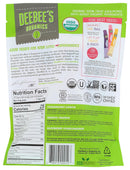 A colorful packaging for DeeBee's Organics features the brand name and highlights organic ingredients, with nutrition facts and flavors like Strawberry Lemon, Mango Orange, and Blueberry Pomegranate listed on the back.