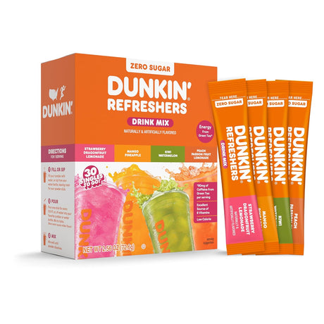 A colorful box of Dunkin' Refreshers drink mix featuring flavors like Strawberry Dragonfruit Lemonade and Mango Pineapple, with individual packets displayed alongside vibrant drinks.