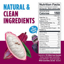 A colorful product label features a cacao pod and a cartoon monkey, highlighting "Natural & Clean Ingredients" and "No Refined Sugar," alongside detailed nutrition facts and ingredient list.