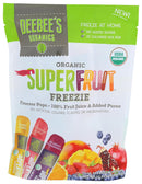 A colorful package of Deebee's Organics Superfruit Freezie, featuring three freezer pops in mango, strawberry, and blueberry flavors, highlights its organic ingredients and no added sugar.