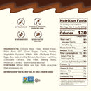 A nutrition label displays ingredients and nutritional information for a product, highlighting features like "No preservatives" and "Non-GMO," with a serving size of one wafel and 130 calories per serving.