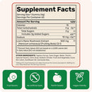 A supplement facts label details nutritional information for Lion’s Mane Mushroom gummies, including serving size, calories, sugars, and key ingredients, with icons indicating fruit flavors, no artificial dyes, pectin base, and vegan-friendly.