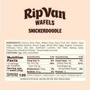 A beige product label for Rip Van Snickerdoodle Wafels displays the brand name at the top, lists ingredients, and provides nutrition facts, indicating it contains egg, milk, and wheat.